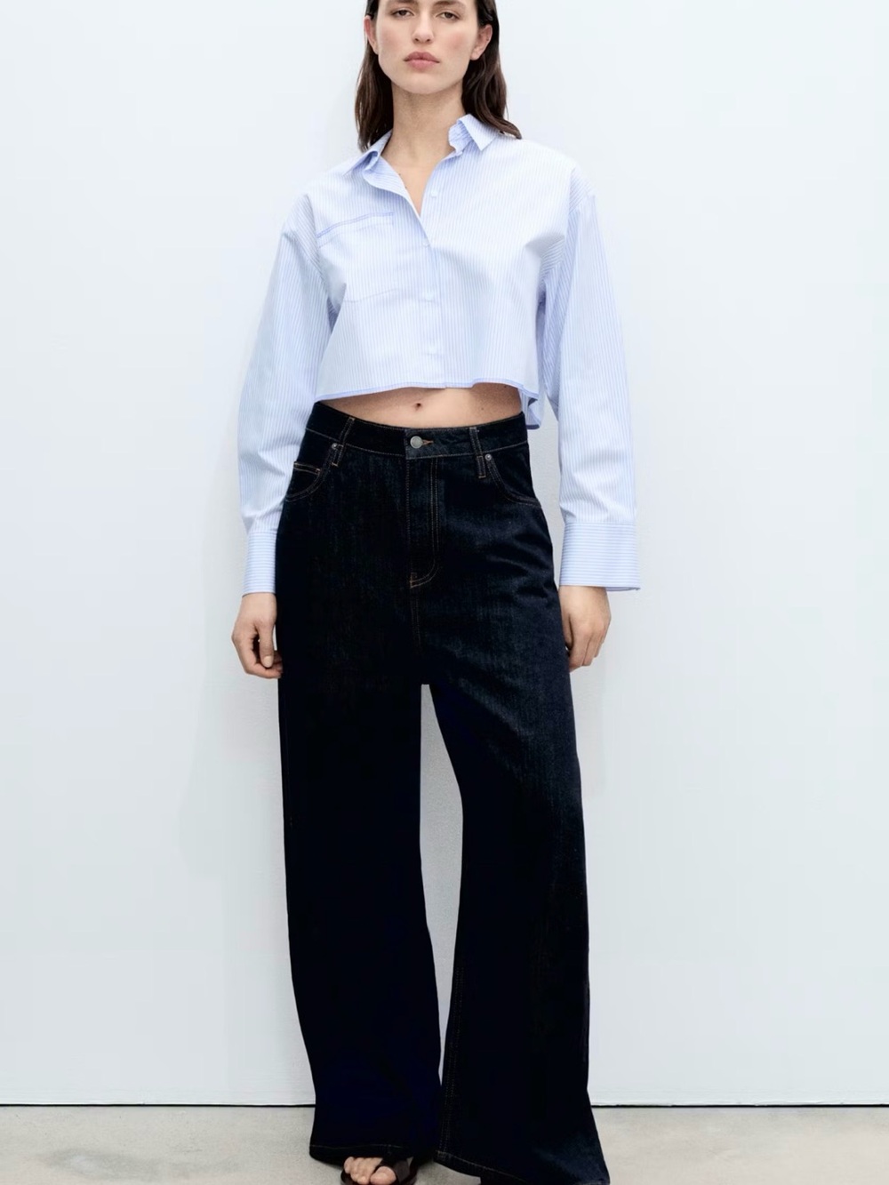 Mango Cropped Blue/White Oversized Button Down Shirt US 12 Cotton Blend Preppy